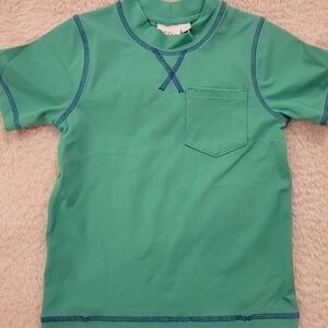 Boden Kids Short-Sleeve Swim Rashguard in Teal with Navy Stitching